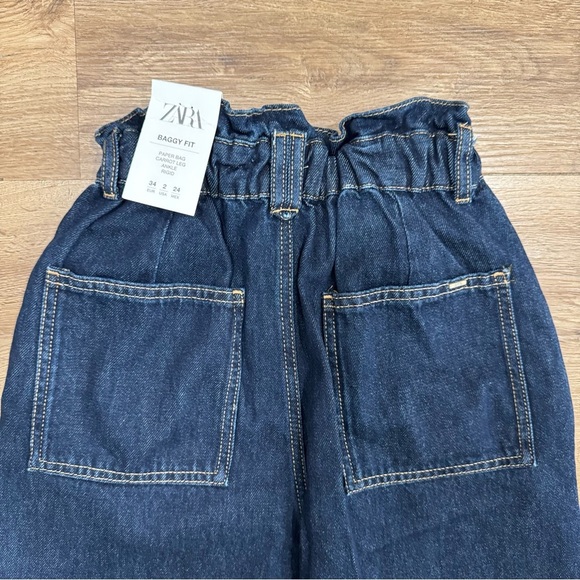 Zara High Waisted Baggy Fit Paper Bag Carrot Leg‎ Ankle Jeans Dark Wash Sz 2 NEW - Picture 4 of 9